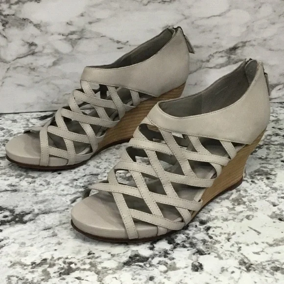 Eileen Fisher Cage Strap Lattice  Leather Gray Wood Wedge Sandal - Picture 6 of 12